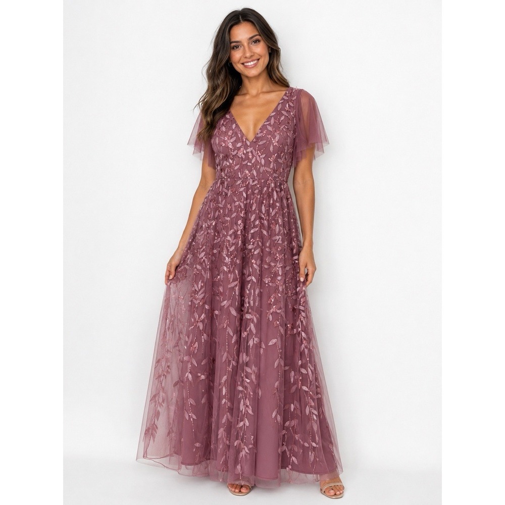 Ever-Pretty Sequin Leaf Maxi Dress Sz 16 Boho Cottagecore Fairy MOB Barbiecore